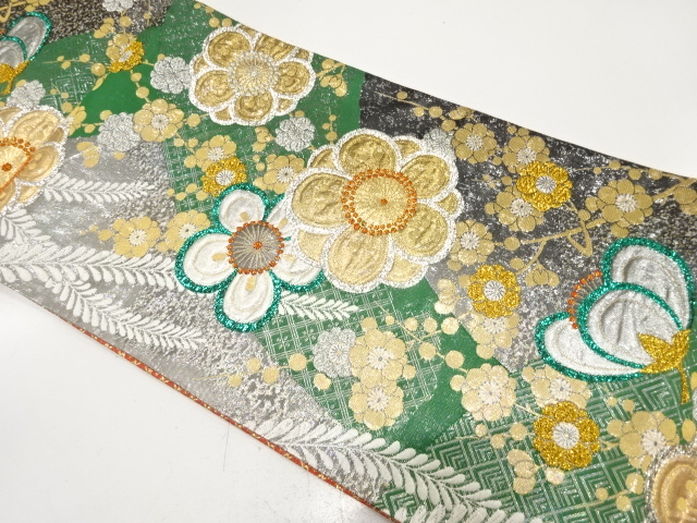 梅に藤模様織り出し　全通振袖用袋帯